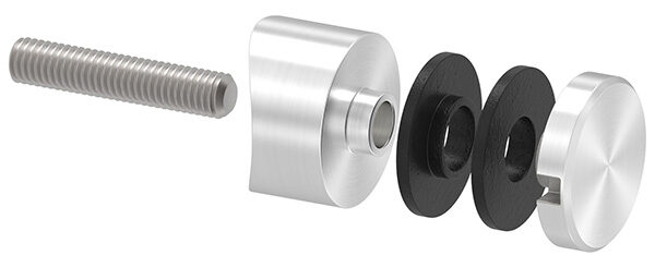 Glaspunkthalter, Ø 30mm, Anschluss: 42,4mm, Gewinde M8, Glasbohrung: mind. 15mm, Klemmbereich: 6,0 - 12,76mm, V2A, inkl. Gummi
