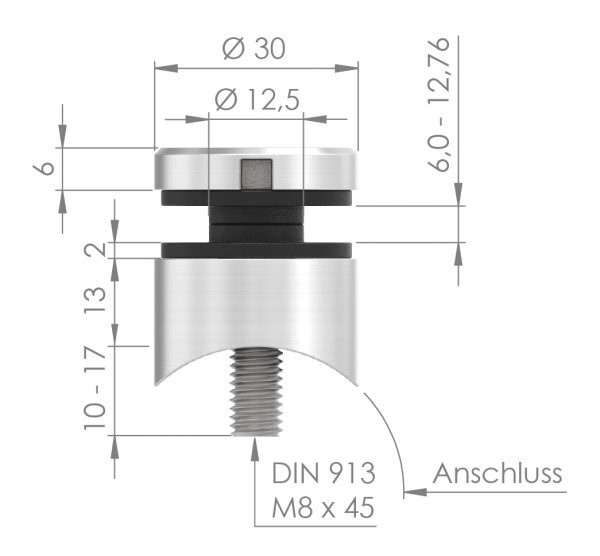 Glaspunkthalter, Ø 30mm, Anschluss: 42,4mm, Gewinde M8, Glasbohrung: mind. 15mm, Klemmbereich: 6,0 - 12,76mm, V2A, inkl. Gummi