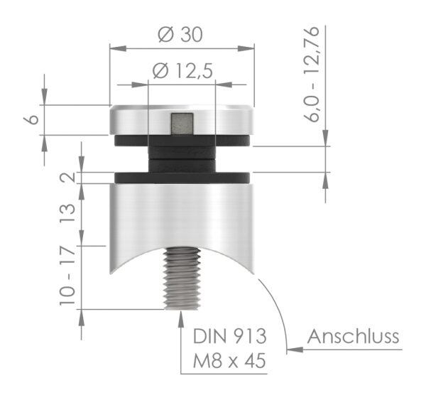 Glaspunkthalter, Ø 30mm, Anschluss: 48,3mm, Gewinde M8, Glasbohrung: mind. 15mm, Klemmbereich: 6,0 - 12,76mm, V2A, inkl. Gummi
