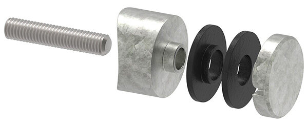 Glaspunkthalter, Ø 30mm, Anschluss: 42,4mm, Gewinde M8, Glasbohrung: mind. 15mm, Klemmbereich: 6,0 - 12,76mm, Zink roh, inkl. Gummi