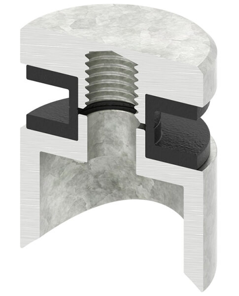 Glaspunkthalter, Ø 30mm, Anschluss: 42,4mm, Gewinde M8, Glasbohrung: mind. 15mm, Klemmbereich: 6,0 - 12,76mm, Zink roh, inkl. Gummi