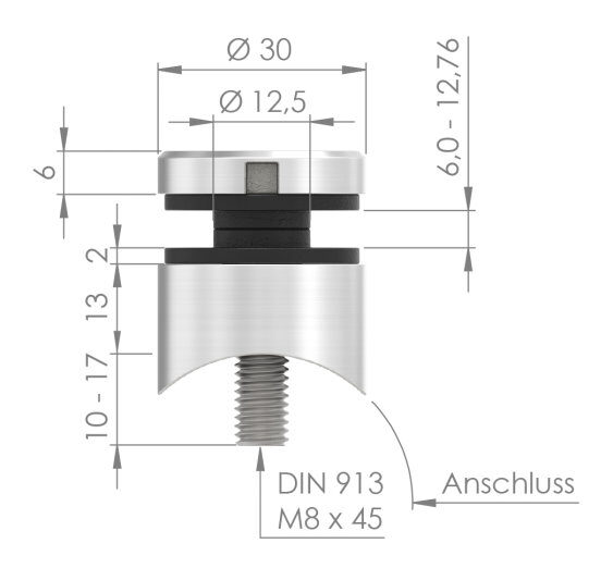 Glaspunkthalter, Ø 30mm, Anschluss: 42,4mm, Gewinde M8, Glasbohrung: mind. 15mm, Klemmbereich: 6,0 - 12,76mm, Zink roh, inkl. Gummi