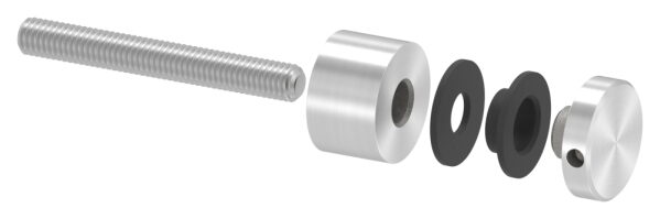 Glaspunkthalter, Ø 16mm, Anschluss: flach, Gewindestange M5x40, Bohrung mindestens 9mm, Klemmbereich: 4,0 - 8,0mm, V2A, inkl. Gummi