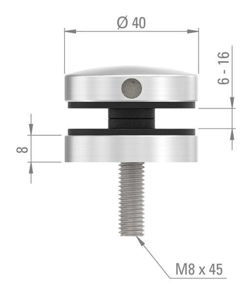 Glaspunkthalter Ø 40mm, Anschluss: flach, V2A, Gewinde M8, Glasbohrung: min. 16mm, Klemmbereich: 3,0 - 12,76mm, V2A, inkl. Gummi