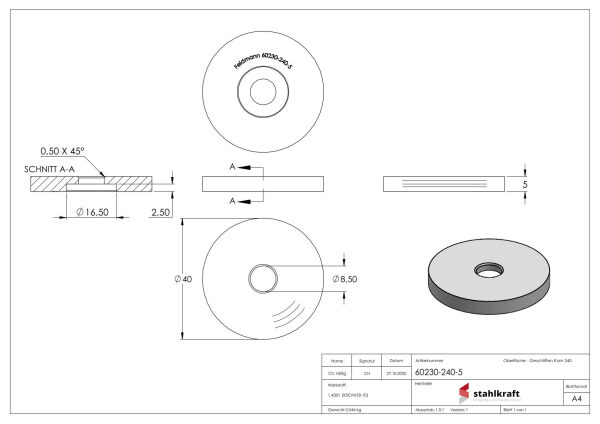 Unterteil Ø 40mm, mit Durchgangsbohrung für 40mm Glaspunkthalter, t: 5mm, mit geradem Anschluss, V2A