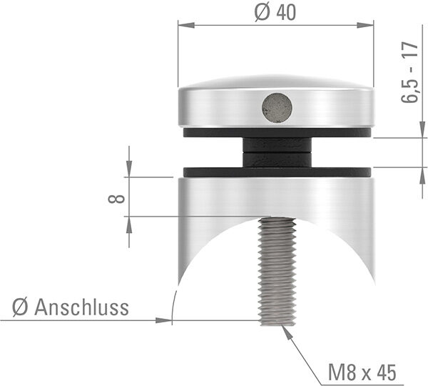 Glaspunkthalter, Ø 40mm, Anschluss: 42,4mm, Gewinde M8, Glasbohrung: min. 16mm, Klemmbereich: 3,0 - 12,76mm, V2A, inkl. Gummi