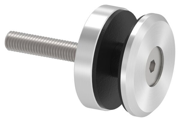 Glaspunkthalter, Ø 52mm, Anschluss: flach, Glasbohrung: mind. 18mm, Klemmbereich 6,0 - 21,52mm, mit Schraube M10x80 von vorne, V2A, inkl. Gummi, mit allgemeinem bauaufsichtlichen Prüfzeugnis (abP)