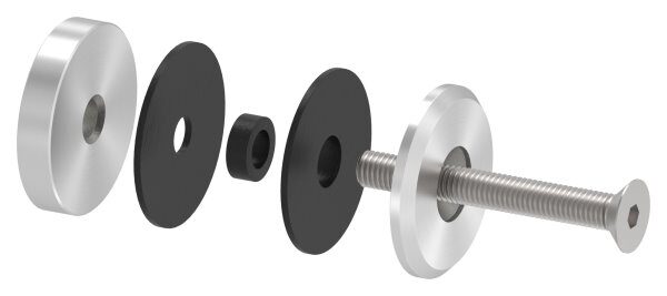 Glaspunkthalter, Ø 52mm, Anschluss: flach, Glasbohrung: mind. 18mm, Klemmbereich 6,0 - 21,52mm, mit Schraube M10x80 von vorne, V2A, inkl. Gummi, mit allgemeinem bauaufsichtlichen Prüfzeugnis (abP)