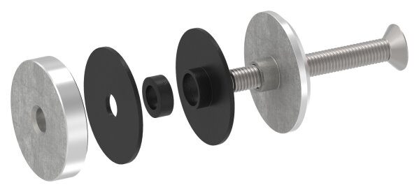 Glaspunkthalter, Ø 52mm, Anschluss: flach, Glasbohrung: mind. 18mm, Klemmbereich 6,0 - 21,52mm, mit Schraube M10x80 von vorne, V2A, inkl. Gummi, mit allgemeinem bauaufsichtlichen Prüfzeugnis (abP)