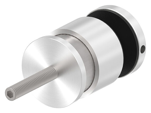 Glaspunkthalter, Ø 52mm, Anschluss: flach, Glasbohrung: mind. 19mm, Klemmbereich 6,0 - 25,52mm, mit Schraube M10x130, verstellbarer Wandabstand 35-55mm, V2A, inkl. Gummi, mit allgemeinem bauaufsichtlichen Prüfzeugnis (abP)