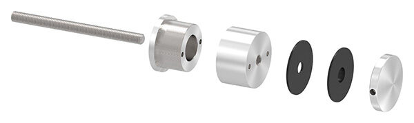 Glaspunkthalter, Ø 52mm, Anschluss: flach, Glasbohrung: mind. 19mm, Klemmbereich 6,0 - 25,52mm, mit Schraube M10x130, verstellbarer Wandabstand 35-55mm, V2A, inkl. Gummi, mit allgemeinem bauaufsichtlichen Prüfzeugnis (abP)