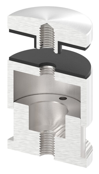 Glaspunkthalter, Ø 52mm, Anschluss: flach, Glasbohrung: mind. 19mm, Klemmbereich 6,0 - 25,52mm, mit Schraube M10x130, verstellbarer Wandabstand 35-55mm, V2A, inkl. Gummi, mit allgemeinem bauaufsichtlichen Prüfzeugnis (abP)