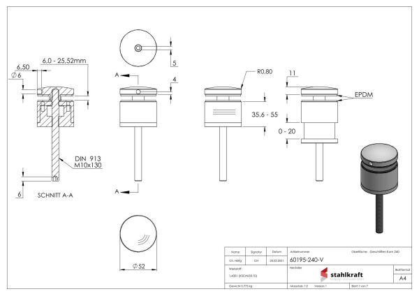 Glaspunkthalter, Ø 52mm, Anschluss: flach, Glasbohrung: mind. 19mm, Klemmbereich 6,0 - 25,52mm, mit Schraube M10x130, verstellbarer Wandabstand 35-55mm, V2A, inkl. Gummi, mit allgemeinem bauaufsichtlichen Prüfzeugnis (abP)