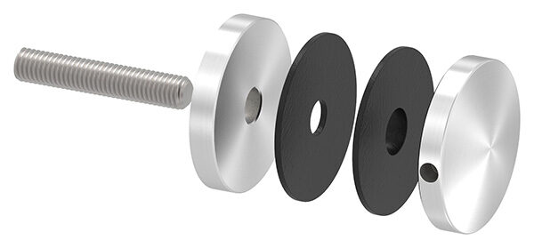 Glaspunkthalter, Ø 52mm, Anschluss: flach, Gewinde M10, Glasbohrung: min. 19mm, Klemmbereich 6,0 - 21,52mm, V4A, inkl. Gummi, mit allgemeinem bauaufsichtlichen Prüfzeugnis (abP)