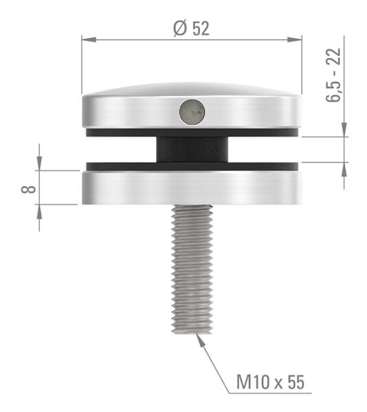 Glaspunkthalter, Ø 52mm, Anschluss: flach, Gewinde M10, Glasbohrung: min. 19mm, Klemmbereich 6,0 - 21,52mm, V4A, inkl. Gummi, mit allgemeinem bauaufsichtlichen Prüfzeugnis (abP)