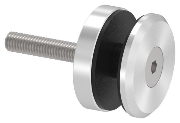 Glaspunkthalter, Ø 52mm, Anschluss: flach, Glasbohrung: mind. 18mm, Klemmbereich 6,0 - 21,52mm, mit Schraube M10x80 von vorne, V4A, inkl. Gummi, mit allgemeinem bauaufsichtlichen Prüfzeugnis (abP)