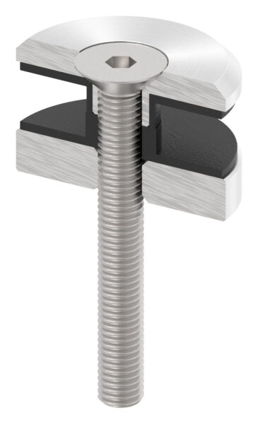 Glaspunkthalter, Ø 52mm, Anschluss: flach, Glasbohrung: mind. 18mm, Klemmbereich 6,0 - 21,52mm, mit Schraube M10x80 von vorne, V4A, inkl. Gummi, mit allgemeinem bauaufsichtlichen Prüfzeugnis (abP)