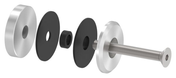 Glaspunkthalter, Ø 52mm, Anschluss: flach, Glasbohrung: mind. 18mm, Klemmbereich 6,0 - 21,52mm, mit Schraube M10x80 von vorne, V4A, inkl. Gummi, mit allgemeinem bauaufsichtlichen Prüfzeugnis (abP)