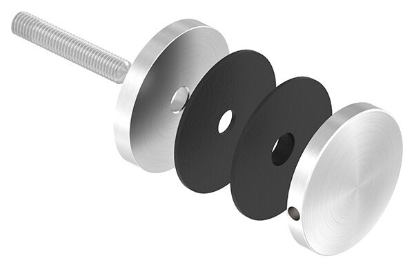 Glaspunkthalter, Ø 62mm, Anschluss: flach, Gewinde M10, Glasbohrung: min. 19mm, Klemmbereich: 6,0 - 21,52mm, V2A, inkl. Gummi, mit allgemeinem bauaufsichtlichen Prüfzeugnis (abP)