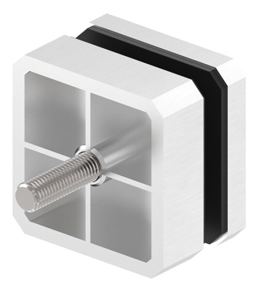Glaspunkthalter, 63x63mm, Anschluss: flach, mit Senkkopfschraube M10x70, V2A,  Glasbohrung: mind. 16mm, Klemmbereich 8,0 - 21,52mm, V2A, inkl. Gummi, mit allgemeinem bauaufsichtlichen Prüfzeugnis (abP)