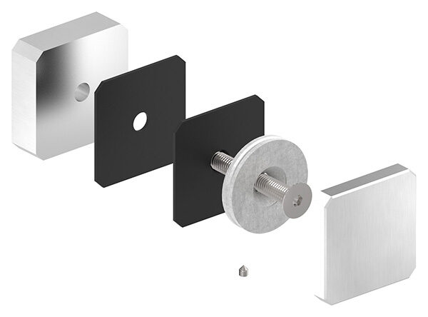 Glaspunkthalter, 63x63mm, Anschluss: flach, mit Senkkopfschraube M10x70, V2A,  Glasbohrung: mind. 16mm, Klemmbereich 8,0 - 21,52mm, V2A, inkl. Gummi, mit allgemeinem bauaufsichtlichen Prüfzeugnis (abP)
