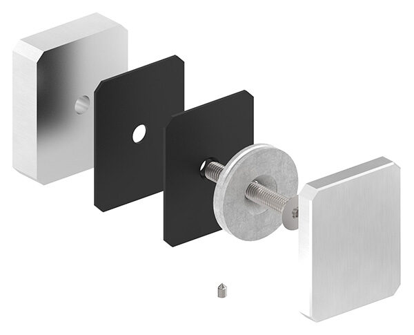 Glaspunkthalter, 63x78mm, Anschluss: flach, mit Senkkopfschraube M10x70, V2A,  Glasbohrung: mind. 16mm, Klemmbereich 8,0 - 21,52mm, V2A inkl. Gummi, mit allgemeinem bauaufsichtlichen Prüfzeugnis (abP)