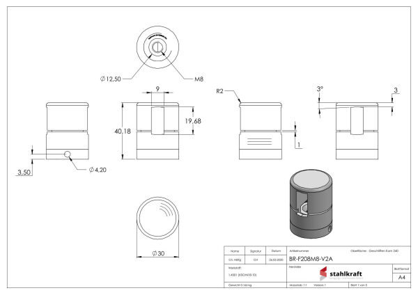 Brenk Grundhalter für Flachstäbe 20x8mm, mit Innengewinde M8, geschliffen Korn 240, V2A