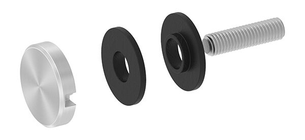Glaspunkthalter Ø 30mm, passend zu Brenk Grundhaltern Ø 30mm inkl. Gummipaar und Gewindestift M8x30, für Glasstärke 3 - 8,76mm, geschliffen Korn 240, V2A