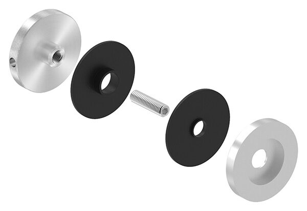 Glaspunkthalter Ø 52 mm, passend zu Brenk-Halter, inkl. Gummipaar und Gewindestift M8x35, für Glasstärke 8 - 12,76mm, geschliffen Korn 240, V2A