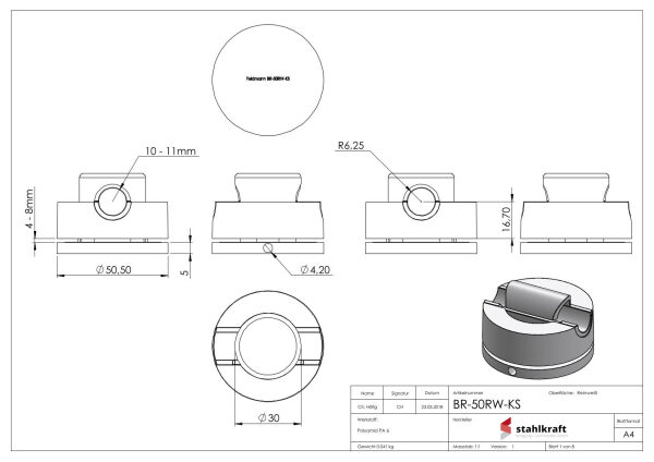 Brenk Halter Ø 50mm, inkl. Adapterstücke für Stäbe 10-11 / 12-13 / 14-15mm, Glasbohrung Ø 35mm, Kunststoff, reinweiß, VPE = 4 Stück