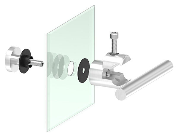 Klemmhalter mit Querstab-Glashalter Ø 25mm, zur nachträglichen Montage an Ø 12mm Rundeisen, für Glas 6 - 12,76mm, Glasbohrung mindestens Ø 14mm, V4A