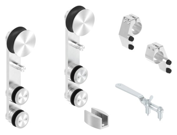 Set für Glasschiebetüren, V2A, bestehend aus:
2x Einzelrollwägen
1x Endstopper rechts
1x Endstopper links
1x Gabelschlüssel
1x Bodenführung