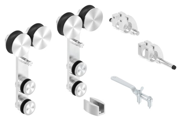 Set für Glasschiebetüren, V2A, bestehend aus:
2x Doppelrollwägen
2x Endstopper
1x Gabelschlüssel
1x Bodenführung