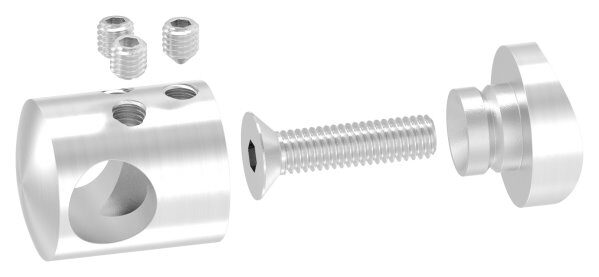 Querstabhalter zum Stoßen von 2 Rundeisen, für 42,4mm Rohr, mit 12,2mm Bohrung, inkl. Maden- und Befestigungsschrauben, V2A