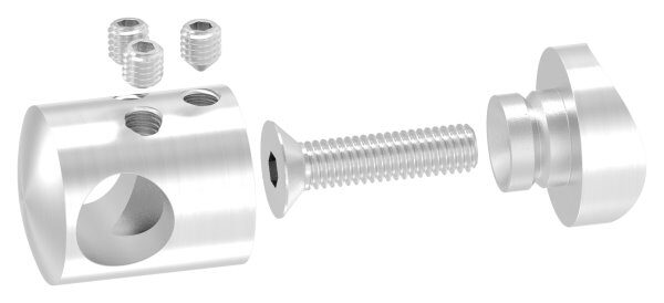 Querstabhalter zum Stoßen von 2 Rundeisen, für 33,7mm Rohr, mit 12,2mm Bohrung, inkl. Maden- und Befestigungsschrauben, V2A