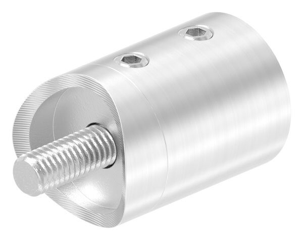 Querstabhalter als Endteil für 33,7mm Rohr, mit Sackloch links 10,2mm, inkl. Maden- und Befestigungsschrauben, V2A