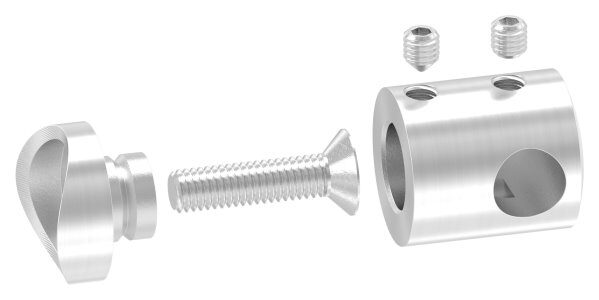 Querstabhalter als Endteil für 33,7mm Rohr, mit Sackloch rechts 10,2mm, inkl. Maden- und Befestigungsschrauben, V2A