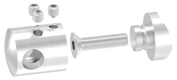 Querstabhalter zum Stoßen von 2 Rundeisen, für 33,7mm Rohr, mit 10,2mm Bohrung, inkl. Maden- und Befestigungsschrauben, V2A