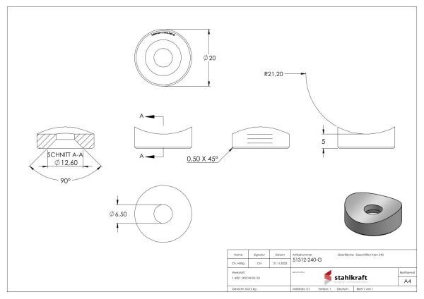Ausgleichsstück (mit Senkung) für Rohr 42,4mm, Ø 20mm mit gesenkter Bohrung 6,5mm, V2A