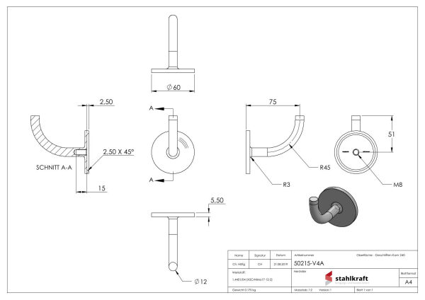 Handlaufhalter zum Anschweißen des Handlaufs, Ronde 60x5mm, Bügel 12mm, Wandabstand 75mm, hinten M8 Innengewinde, (Ronde und Bügel verschweißt), V4A