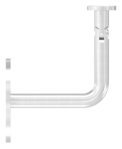 Handlaufhalter mit flacher Handlaufanschlussplatte (austauschbar), Ronde 70 x 4mm, Gelenkbügel 12mm, Wandabstand 79mm, 3x Bohrungen Ø 8,5mm gesenkt, Ronde und Bügel verschweißt, V2A