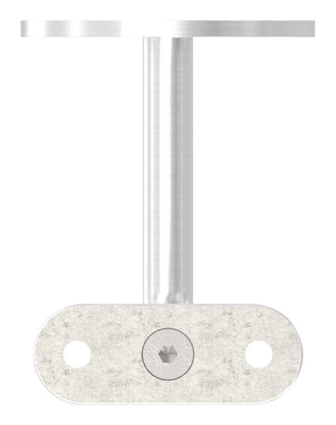Handlaufhalter mit flacher Handlaufanschlussplatte (austauschbar), Ronde 70 x 4mm, Gelenkbügel 12mm, Wandabstand 79mm, 3x Bohrungen Ø 8,5mm gesenkt, Ronde und Bügel verschweißt, V2A
