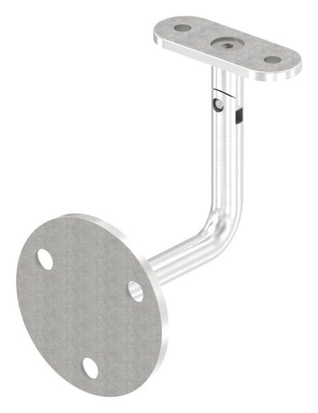 Handlaufhalter mit flacher Handlaufanschlussplatte (austauschbar), Ronde 70 x 4mm, Gelenkbügel 12mm, Wandabstand 79mm, 3x Bohrungen Ø 8,5mm gesenkt, Ronde und Bügel verschweißt, V2A