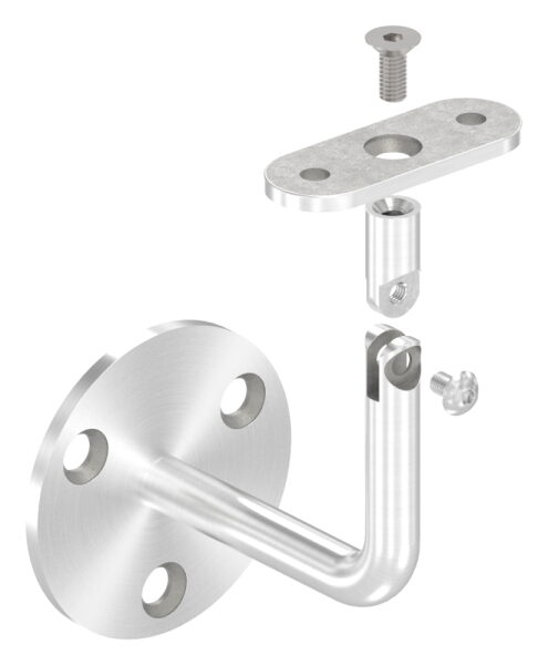 Handlaufhalter mit flacher Handlaufanschlussplatte (austauschbar), Ronde 70 x 4mm, Gelenkbügel 12mm, Wandabstand 79mm, 3x Bohrungen Ø 8,5mm gesenkt, Ronde und Bügel verschweißt, V2A