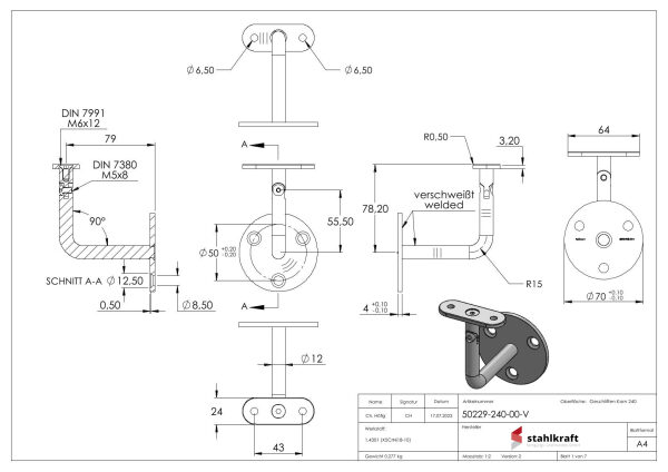 Handlaufhalter mit flacher Handlaufanschlussplatte (austauschbar), Ronde 70 x 4mm, Gelenkbügel 12mm, Wandabstand 79mm, 3x Bohrungen Ø 8,5mm gesenkt, Ronde und Bügel verschweißt, V2A