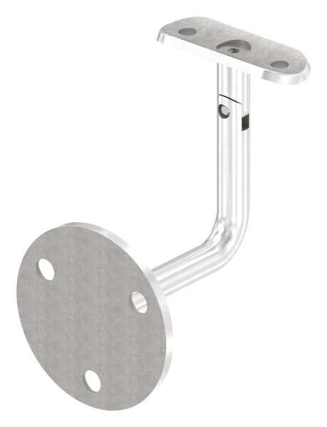 Handlaufhalter mit Handlaufanschlussplatte für Rohr 42,4mm (austauschbar), Ronde 70 x 4mm, Gelenkbügel 12mm, Wandabstand 79mm, 3x Bohrungen Ø 8,5mm gesenkt, Ronde und Bügel verschweißt, V2A