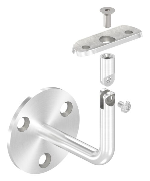 Handlaufhalter mit Handlaufanschlussplatte für Rohr 42,4mm (austauschbar), Ronde 70 x 4mm, Gelenkbügel 12mm, Wandabstand 79mm, 3x Bohrungen Ø 8,5mm gesenkt, Ronde und Bügel verschweißt, V2A