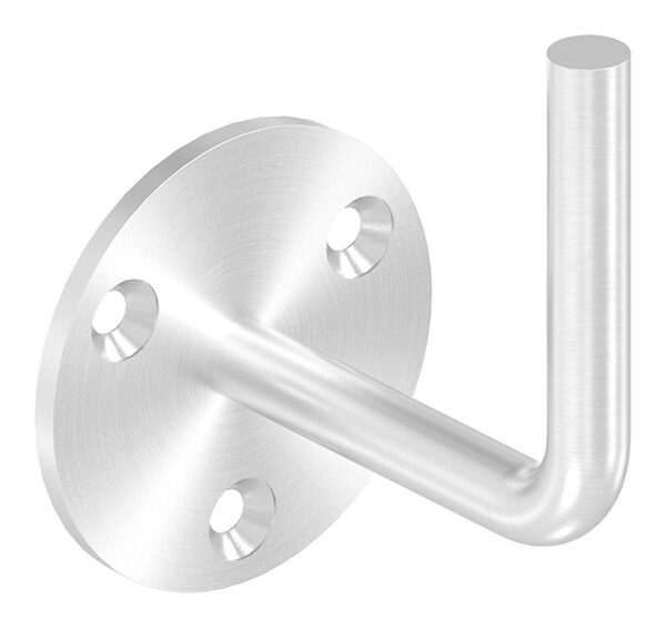 Handlaufhalter zum Anschweißen des Handlaufs, Ronde 70mmx4mm und Bügel 12mm, 3x Bohrungen 8,5mm gesenkt für M6, Wandabstand bis Mitte Bügel 80mm (Ronde und Bügel verschweißt), V2A