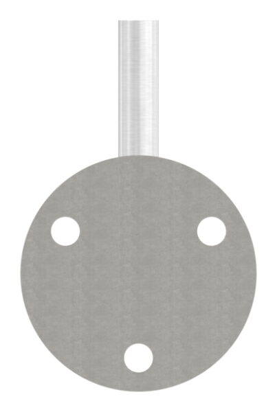 Handlaufhalter zum Anschweißen des Handlaufs, Ronde 70x4mm und Bügel 12mm, 3x Bohrungen 8,5mm gesenkt für M6, Wandabstand bis Mitte Bügel 80mm (Ronde und Bügel beidseitig verschweißt), V4A