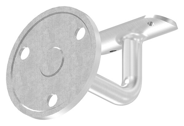 Handlaufhalter mit Handlaufanschlussplatte für Rohr 42,4mm, Ronde 70x5mm, Bügel 12mm, Wandabstand 75mm, 3x8,5mm Bohrungen gesenkt für 6er Senkschrauben, (Ronde und Bügel verschweißt), V2A